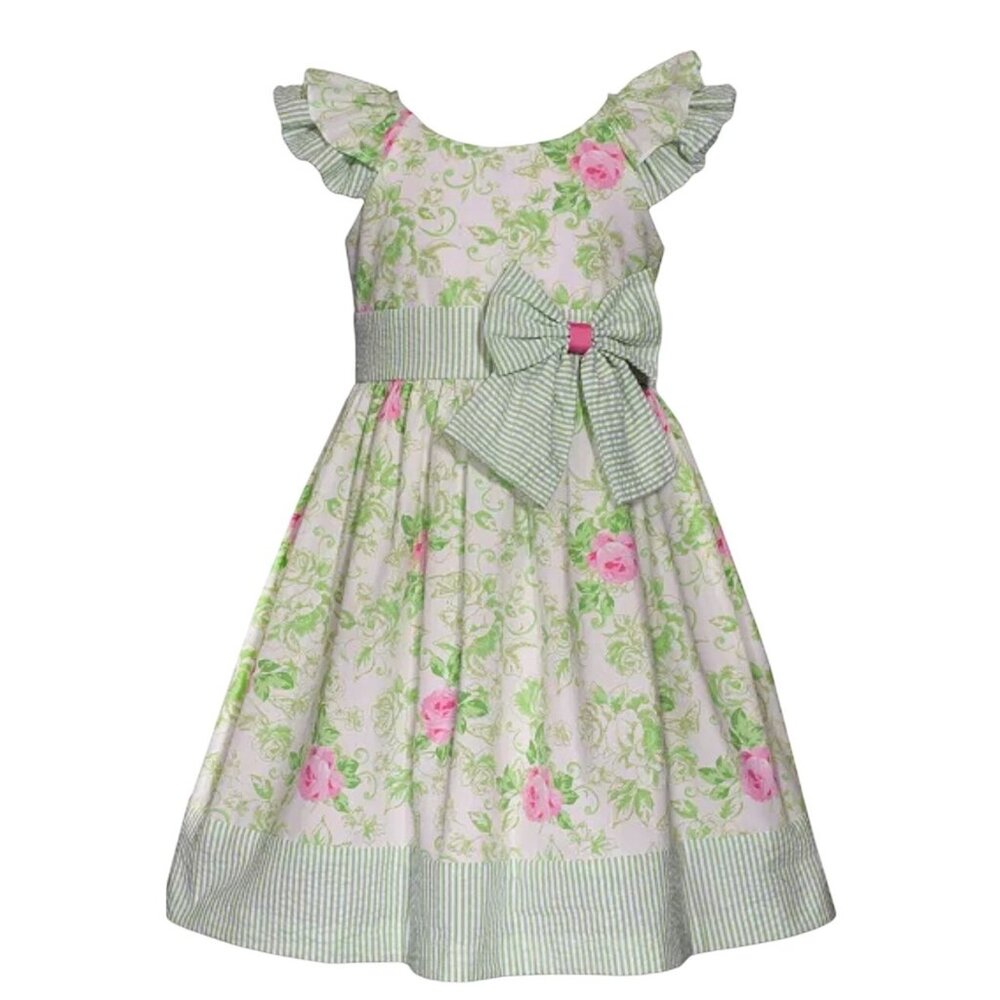 NWT Bonnie Jean Girls Double Ruffle Floral Dress Pink Green Size 6X $90 [jb]